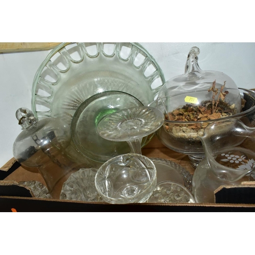 711 - FOUR BOXES OF GLASSWARE, CUT AND PRESSED, including four decanters, bowls, drinking glasses, vases, ... 