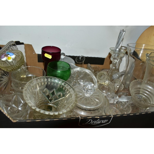 711 - FOUR BOXES OF GLASSWARE, CUT AND PRESSED, including four decanters, bowls, drinking glasses, vases, ... 