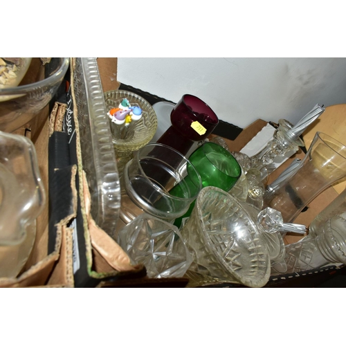 711 - FOUR BOXES OF GLASSWARE, CUT AND PRESSED, including four decanters, bowls, drinking glasses, vases, ... 