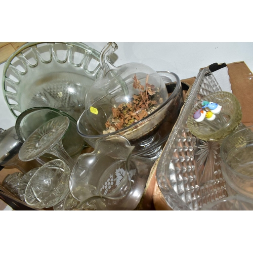 711 - FOUR BOXES OF GLASSWARE, CUT AND PRESSED, including four decanters, bowls, drinking glasses, vases, ... 