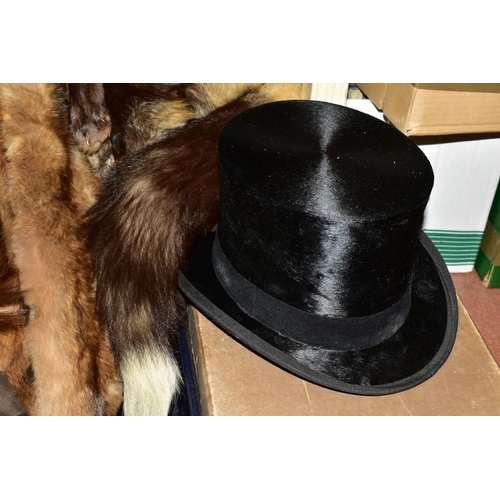 712 - A BOXED C.A DUNN & CO BLACK SILK TOP HAT, SUITCASES AND BOXES OF CLOTHING AND FURS, ETC, including s... 