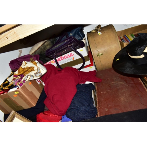 712 - A BOXED C.A DUNN & CO BLACK SILK TOP HAT, SUITCASES AND BOXES OF CLOTHING AND FURS, ETC, including s... 