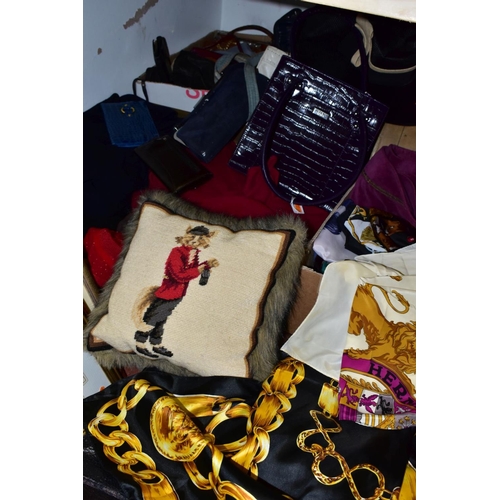 712 - A BOXED C.A DUNN & CO BLACK SILK TOP HAT, SUITCASES AND BOXES OF CLOTHING AND FURS, ETC, including s... 