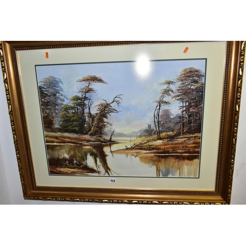 714 - PAINTINGS AND PRINTS, to include an Alan Wolford river landscape with two small children fishing, si... 