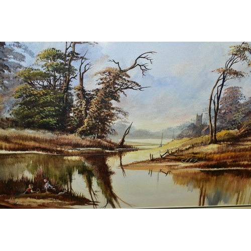 714 - PAINTINGS AND PRINTS, to include an Alan Wolford river landscape with two small children fishing, si... 