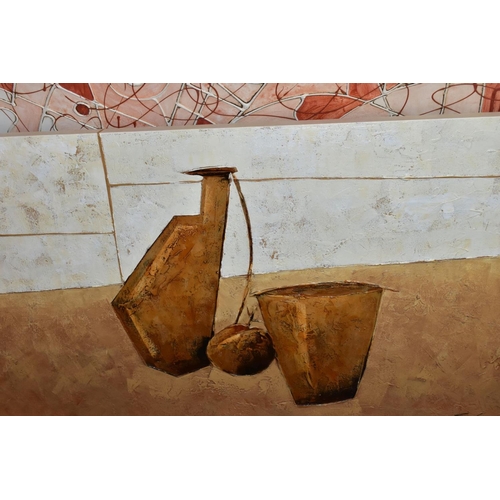 716 - THREE LATE 20TH CENTURY DECORATIVE PAINTINGS, comprising an abstract still life study of a jug, tumb... 