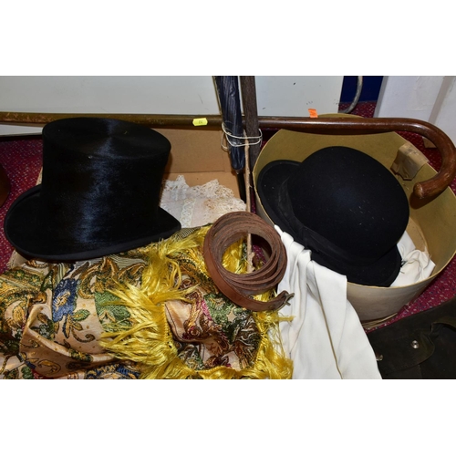 717 - A DUNN & CO BLACK TOP HAT, size 6½, with a gents evening scarf, with a black bowler hat, size 6¾ (ma... 