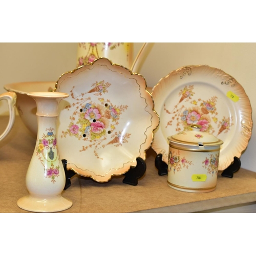 718 - A COLLECTION OF CROWN DEVON FIELDINGS BLUSH IVORY WARES, to include a wash basin and jug, cheese dis... 