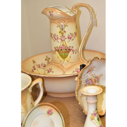 718 - A COLLECTION OF CROWN DEVON FIELDINGS BLUSH IVORY WARES, to include a wash basin and jug, cheese dis... 