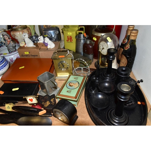 719 - LOOSE SUNDRY ITEMS, ETC, to include an oak smokers cabinet, ebony dressing table set, vintage soda s... 