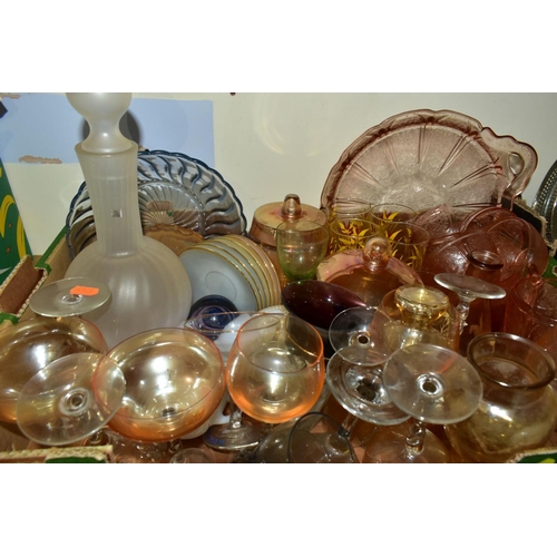 721 - FOUR BOXES AND LOOSE ASSORTED GLASSWARES, to include American glass tea cups, saucers and tray, circ... 