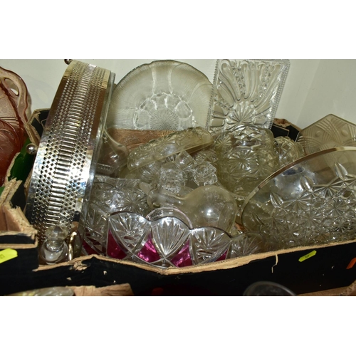 721 - FOUR BOXES AND LOOSE ASSORTED GLASSWARES, to include American glass tea cups, saucers and tray, circ... 