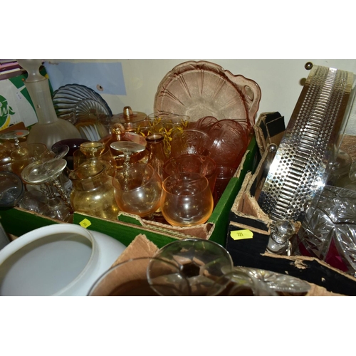 721 - FOUR BOXES AND LOOSE ASSORTED GLASSWARES, to include American glass tea cups, saucers and tray, circ... 