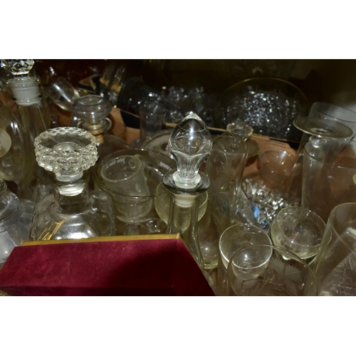 721 - FOUR BOXES AND LOOSE ASSORTED GLASSWARES, to include American glass tea cups, saucers and tray, circ... 