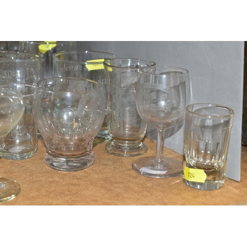 724 - A QUANTITY OF ETCHED DRINKING GLASSES, mostly from pubs and hotels, and brewerys, etc, late 19th to ... 