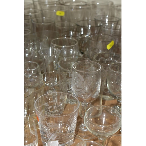 724 - A QUANTITY OF ETCHED DRINKING GLASSES, mostly from pubs and hotels, and brewerys, etc, late 19th to ... 