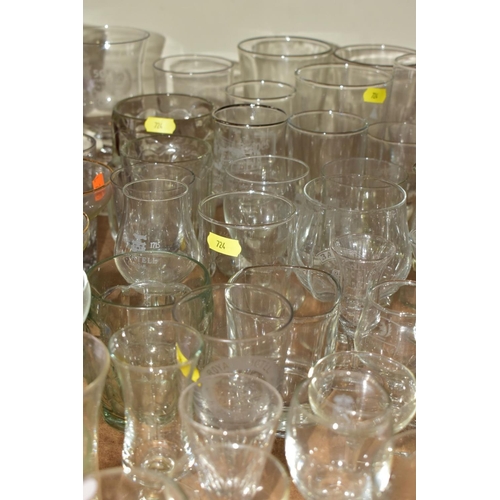 724 - A QUANTITY OF ETCHED DRINKING GLASSES, mostly from pubs and hotels, and brewerys, etc, late 19th to ... 