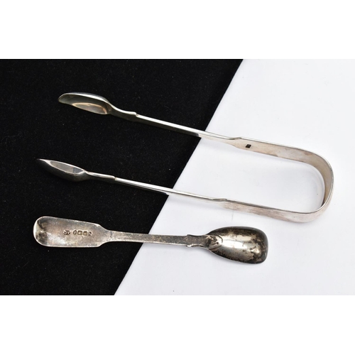 73 - A PAIR OF SILVER SUGAR TONGS AND A SILVER SAUCE SPOON, Victorian plain polished fiddle pattern sugar... 