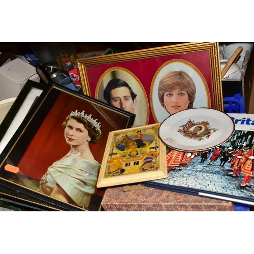 737 - THREE BOXES OF ROYAL MEMORABILLIA, ETC, to include two Queen Elizabeth Coronation perpetual calendar... 