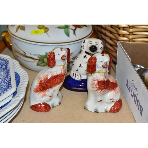 739 - CERAMICS, FLATWARES AND SEWING MACHINE, to include eight Staffordshire style dogs, tallest approxima... 