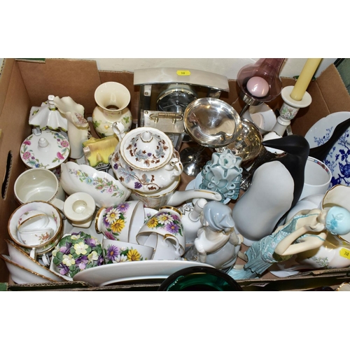 740 - A BOX AND LOOSE CERAMICS AND SUNDRYS, ETC, to include a Royal Albert Lorraine covered sugar bowl, Do... 