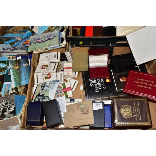 744 - EPHEMERA - A COLLECTION OF EMPTY JEWELLERY, COIN AND TOBACCO BOXES and a selection of modern postcar... 