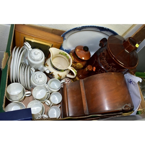 747 - THREE BOXES GLASSWARES, CERAMICS, SUNDRIES ETC, to include a Westminster chimes mantel clock (K&P), ... 