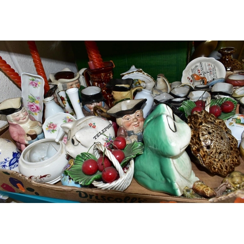 749 - SEVEN BOXES AND LOOSE CERAMICS AND ORNAMENTS, VASES, TEAWARES, ETC, to include stoneware bottle, Dan... 