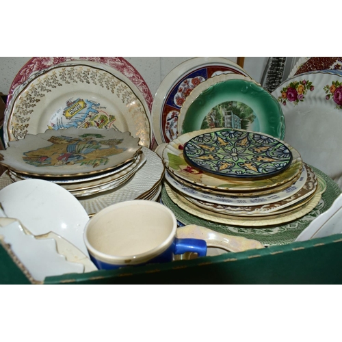 749 - SEVEN BOXES AND LOOSE CERAMICS AND ORNAMENTS, VASES, TEAWARES, ETC, to include stoneware bottle, Dan... 