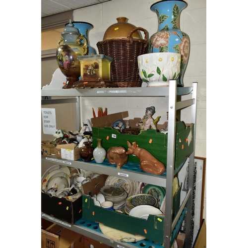 749 - SEVEN BOXES AND LOOSE CERAMICS AND ORNAMENTS, VASES, TEAWARES, ETC, to include stoneware bottle, Dan... 