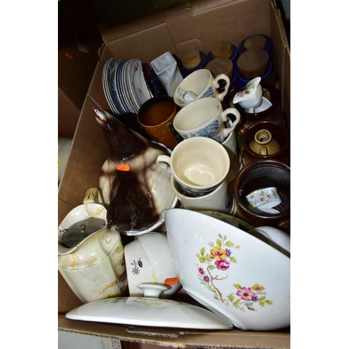 749 - SEVEN BOXES AND LOOSE CERAMICS AND ORNAMENTS, VASES, TEAWARES, ETC, to include stoneware bottle, Dan... 