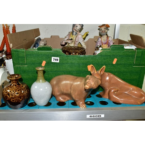 749 - SEVEN BOXES AND LOOSE CERAMICS AND ORNAMENTS, VASES, TEAWARES, ETC, to include stoneware bottle, Dan... 