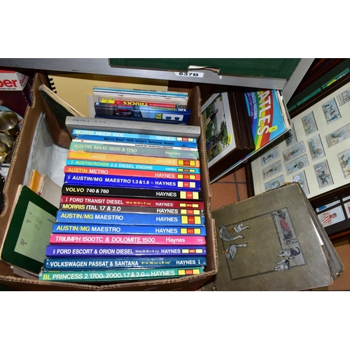 750 - THREE BOXES AND LOOSE BOOKS, PICTURES, MISCELLANEOUS ITEMS, ETC, to include Haynes Motoring books, l... 