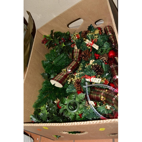 751 - A QUANTITY OF CHRISTMAS DECORATIONS, ETC, to include three boxed Christmas tress, baubles, wreaths, ... 