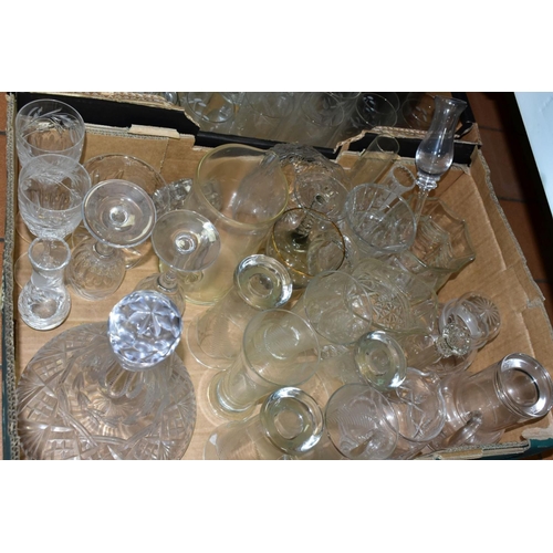 754 - FOUR BOXES OF CUT/COLOURED AND OTHER GLASSWARES, to include a ships decanter, glasses, vases, jugs, ... 