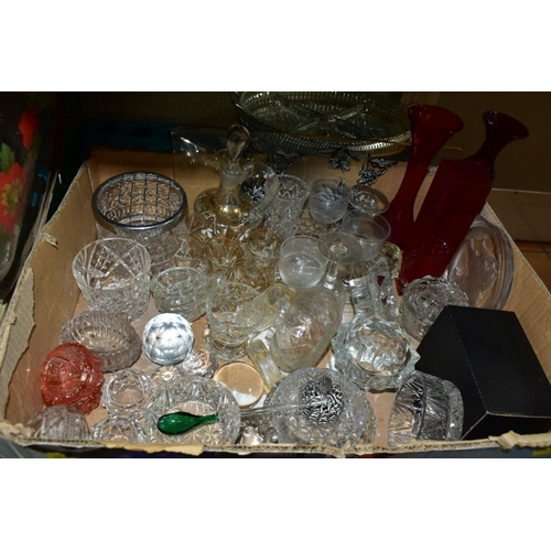 754 - FOUR BOXES OF CUT/COLOURED AND OTHER GLASSWARES, to include a ships decanter, glasses, vases, jugs, ... 