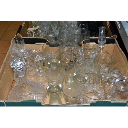 754 - FOUR BOXES OF CUT/COLOURED AND OTHER GLASSWARES, to include a ships decanter, glasses, vases, jugs, ... 