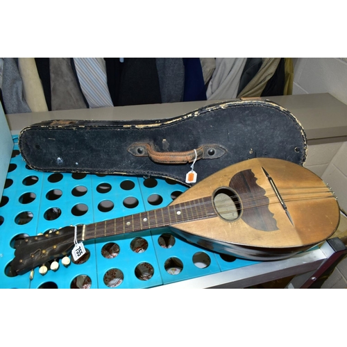 755 - A CASED STRIDENTE EIGHT STRING MANDOLIN (missing two strings and crack to back), together with HMV G... 