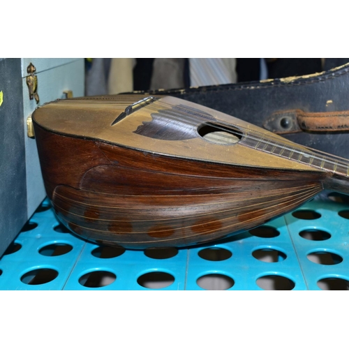 755 - A CASED STRIDENTE EIGHT STRING MANDOLIN (missing two strings and crack to back), together with HMV G... 