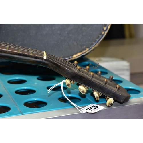 755 - A CASED STRIDENTE EIGHT STRING MANDOLIN (missing two strings and crack to back), together with HMV G... 