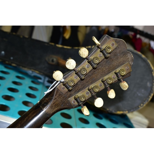 755 - A CASED STRIDENTE EIGHT STRING MANDOLIN (missing two strings and crack to back), together with HMV G... 