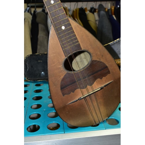 755 - A CASED STRIDENTE EIGHT STRING MANDOLIN (missing two strings and crack to back), together with HMV G... 