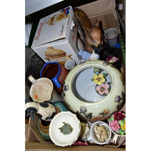 756 - FOUR BOXES OF TEAWARES, VASES, ORNAMENTS, ETC, to include Spode 'Cutie-Kitten' cup and saucer and tr... 