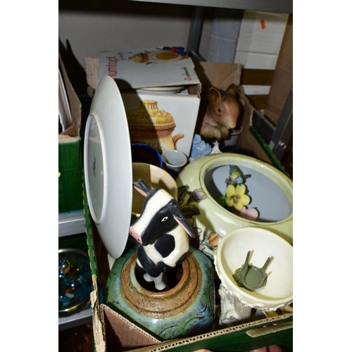 756 - FOUR BOXES OF TEAWARES, VASES, ORNAMENTS, ETC, to include Spode 'Cutie-Kitten' cup and saucer and tr... 