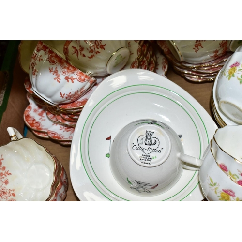 756 - FOUR BOXES OF TEAWARES, VASES, ORNAMENTS, ETC, to include Spode 'Cutie-Kitten' cup and saucer and tr... 