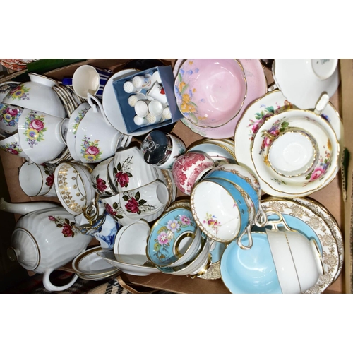 756 - FOUR BOXES OF TEAWARES, VASES, ORNAMENTS, ETC, to include Spode 'Cutie-Kitten' cup and saucer and tr... 