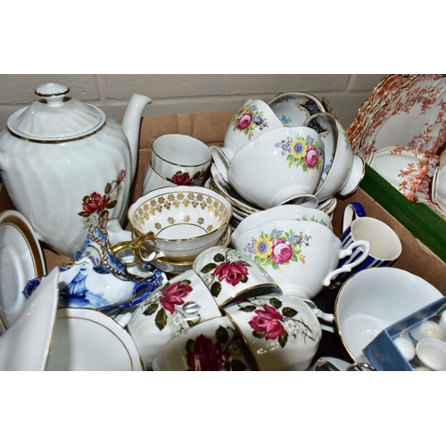 756 - FOUR BOXES OF TEAWARES, VASES, ORNAMENTS, ETC, to include Spode 'Cutie-Kitten' cup and saucer and tr... 