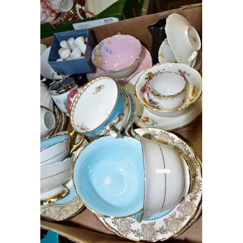 756 - FOUR BOXES OF TEAWARES, VASES, ORNAMENTS, ETC, to include Spode 'Cutie-Kitten' cup and saucer and tr... 