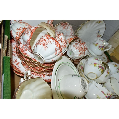 756 - FOUR BOXES OF TEAWARES, VASES, ORNAMENTS, ETC, to include Spode 'Cutie-Kitten' cup and saucer and tr... 