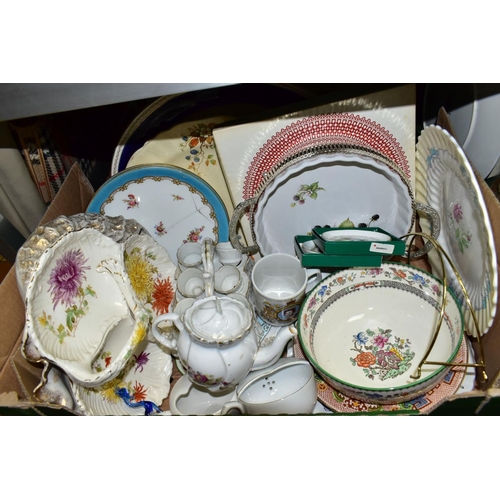 756 - FOUR BOXES OF TEAWARES, VASES, ORNAMENTS, ETC, to include Spode 'Cutie-Kitten' cup and saucer and tr... 